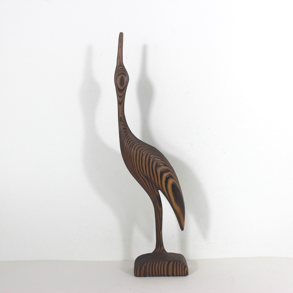 16” Mid Century Modern Wood Crane Vintage Carved Bird Figurine, Tropical Beach